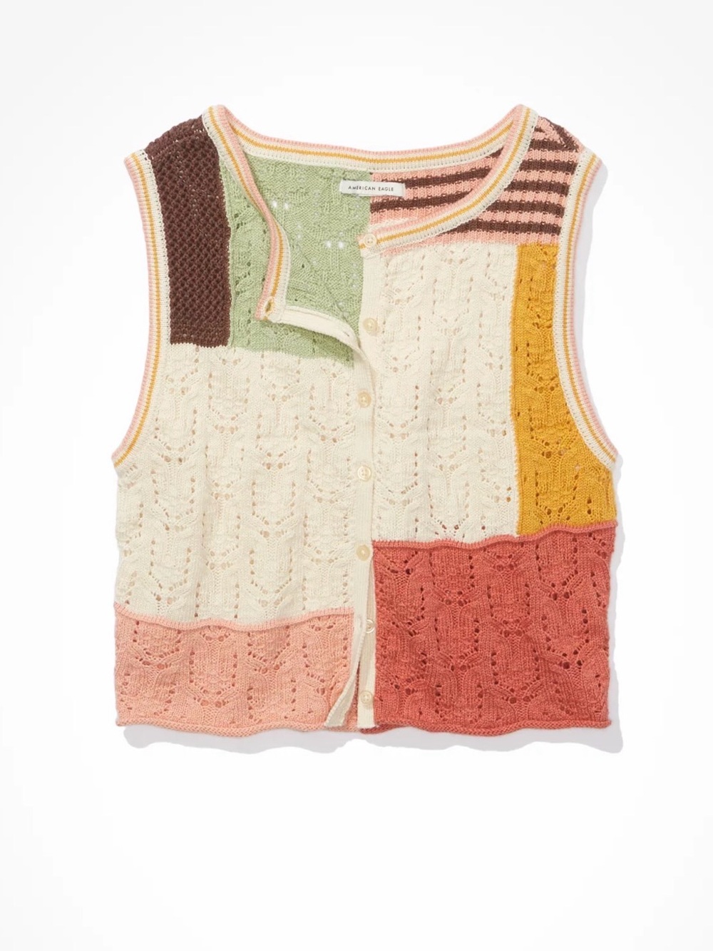 American Eagle Crochet Patchwork Button Up Sweater Vest Size Medium - Picture 5 of 16